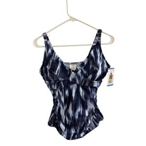 Anne Cole Navy Blue Abstract Print Tankini Top Surplice Ruched Swimwear NWT L